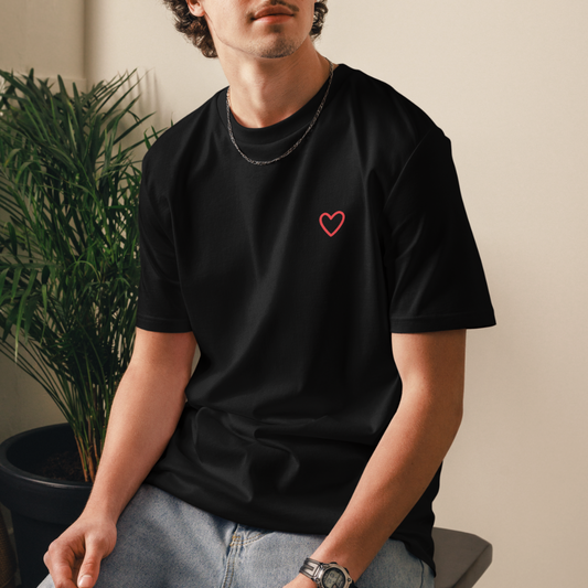 T-shirt unisexe en coton bio - Coeur et LOVE en langue des signes (turquoise et rouge)