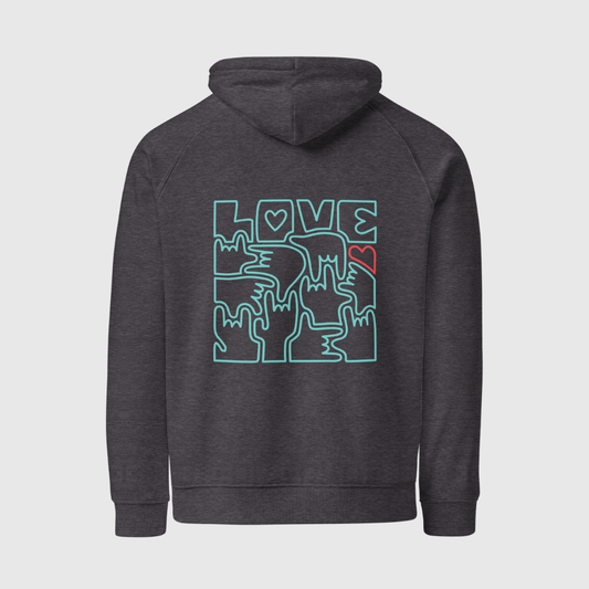 Sweat à capuche éco Raglan unisexe - LOVE en Langue des Signes (turquoise et rouge)
