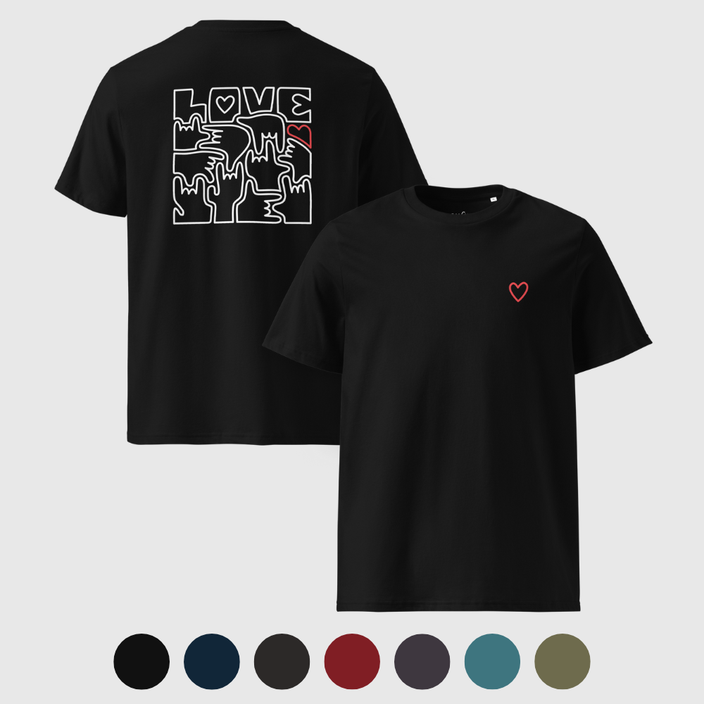 T-shirt unisexe en coton biologique - Coeur et LOVE en Langue des Signes (blanc et rouge)