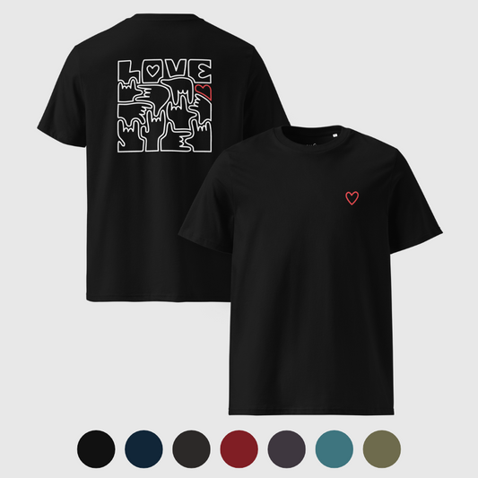T-shirt unisexe en coton biologique - Coeur et LOVE en Langue des Signes (blanc et rouge)
