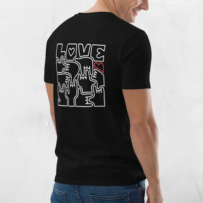 T-shirt unisexe en coton biologique - Coeur et LOVE en Langue des Signes (blanc et rouge)