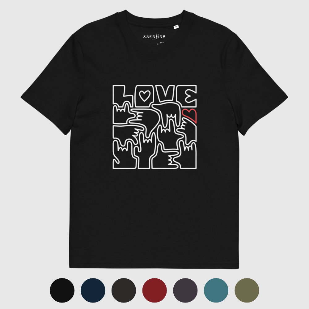 T-shirt unisexe en coton biologique  - LOVE en Langue des Signes (blanc et rouge)