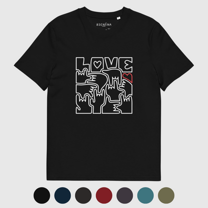 T-shirt unisexe en coton biologique  - LOVE en Langue des Signes (blanc et rouge)