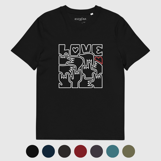 T-shirt unisexe en coton biologique  - LOVE en Langue des Signes (blanc et rouge)