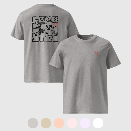 T-shirt unisexe en coton biologique - Coeur et LOVE en Langue des Signes (noir et rouge)