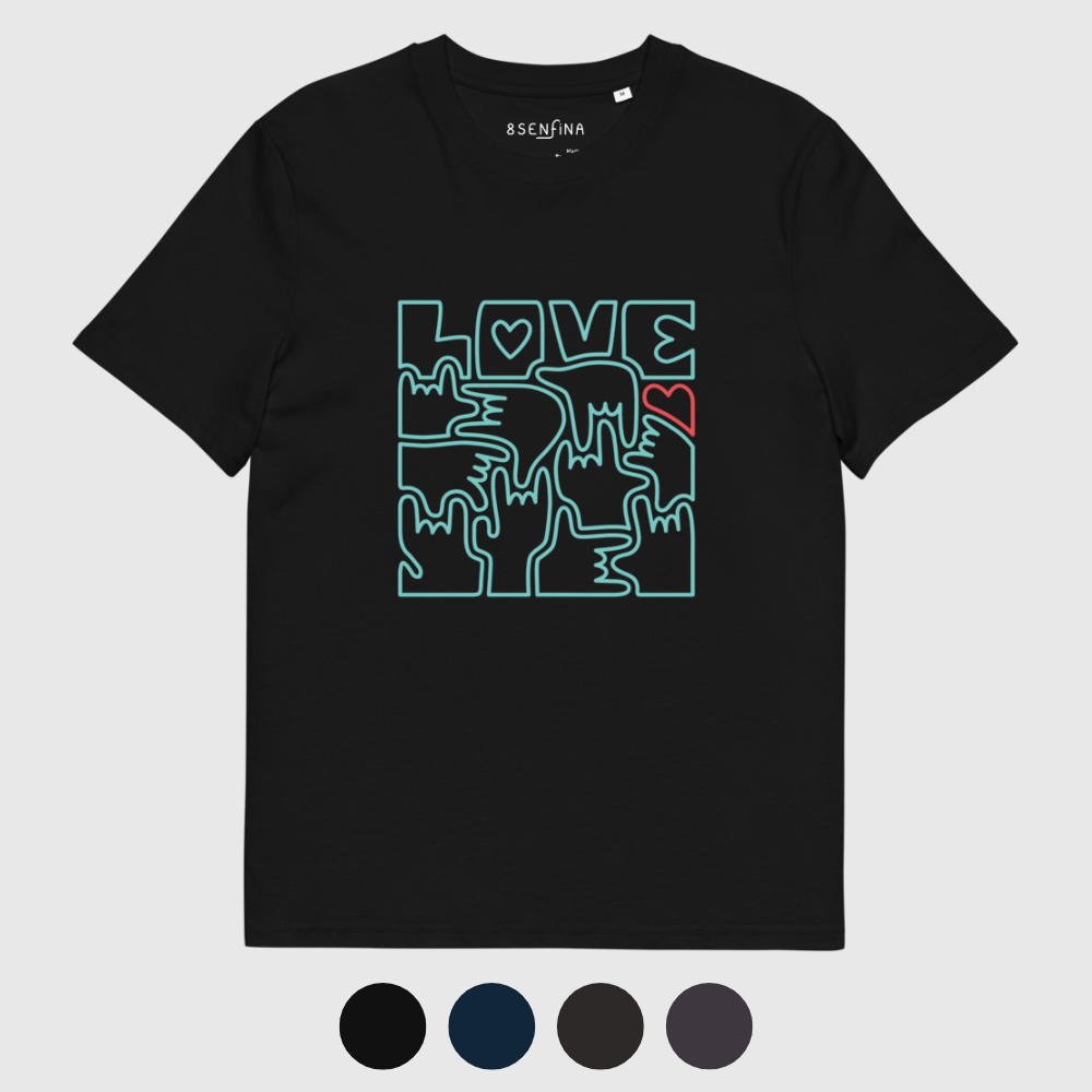 T-shirt unisexe en coton bio - LOVE en langue des signes (turquoise et rouge)