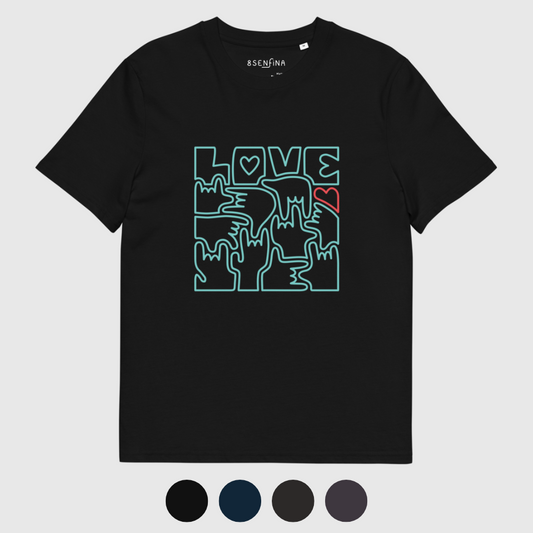 T-shirt unisexe en coton bio - LOVE en langue des signes (turquoise et rouge)