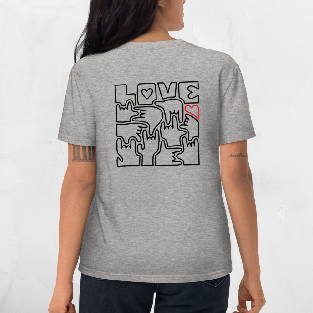 T-shirt unisexe en coton biologique - Coeur et LOVE en Langue des Signes (noir et rouge)