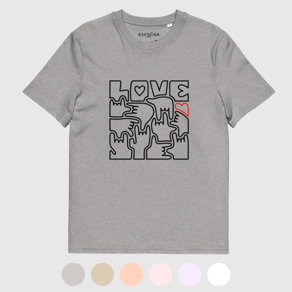 T-shirt unisexe en coton bio - LOVE en Langue des Signes (noir et rouge)