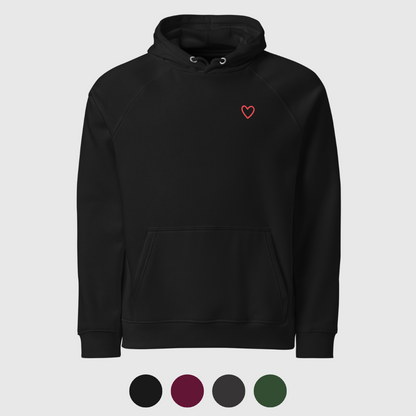 Sweat à capuche éco Raglan unisexe - Coeur et LOVE en Langue des Signes (blanc et rouge)