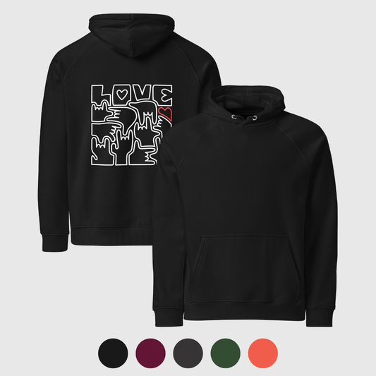 Sweat à capuche éco Raglan unisexe - LOVE en Langue des Signes (blanc et rouge)