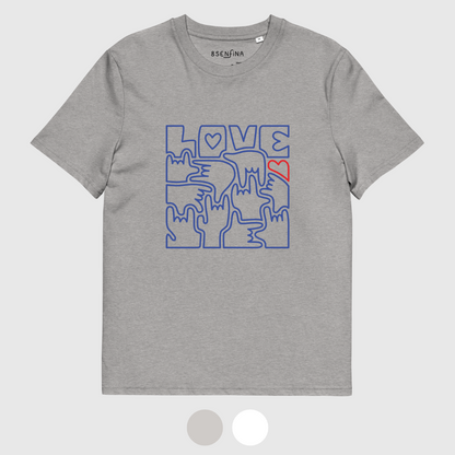 T-shirt unisexe en coton bio - LOVE en Langue des Signes (bleu et rouge)