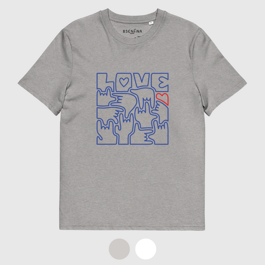 T-shirt unisexe en coton bio - LOVE en Langue des Signes (bleu et rouge)