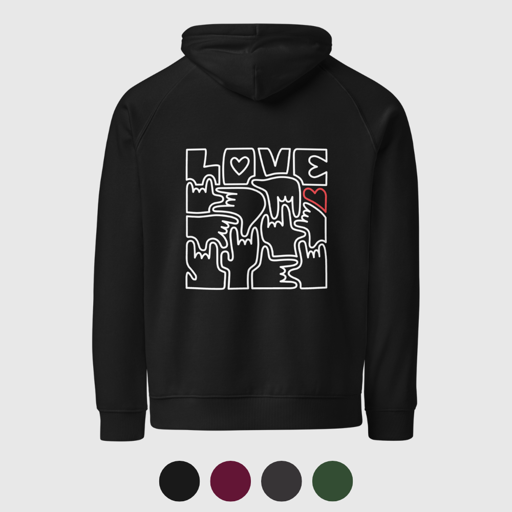 Sweat à capuche éco Raglan unisexe - Coeur et LOVE en Langue des Signes (blanc et rouge)