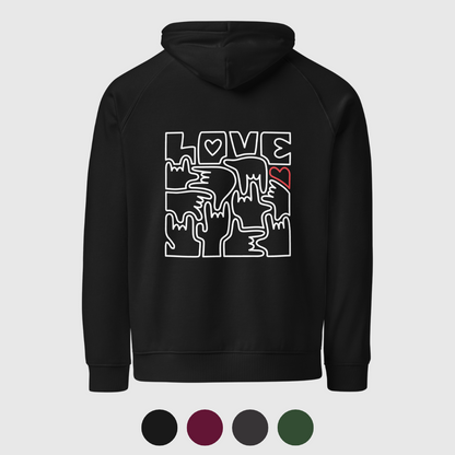 Sweat à capuche éco Raglan unisexe - Coeur et LOVE en Langue des Signes (blanc et rouge)