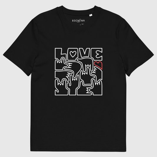 T-shirt unisexe en coton biologique  - LOVE en Langue des Signes (blanc et rouge)