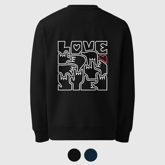 Sweatshirt éco-responsable unisexe - Coeur et LOVE en Langue des Signes (blanc et rouge)