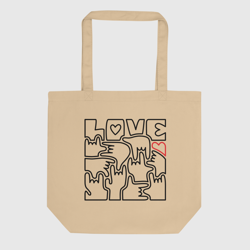 Tote Bag Bio - Coeur et LOVE en Langue des Signes (noir et rouge)