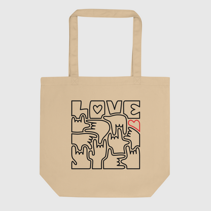 Tote Bag Bio - Coeur et LOVE en Langue des Signes (noir et rouge)