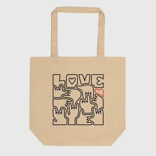 Tote Bag Bio - Coeur et LOVE en Langue des Signes (noir et rouge)