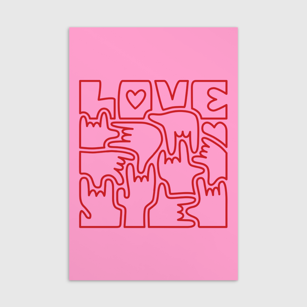 Carte postale standard - LOVE en Langue des Signes (rouge et rose)