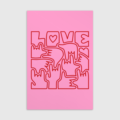 Carte postale standard - LOVE en Langue des Signes (rouge et rose)