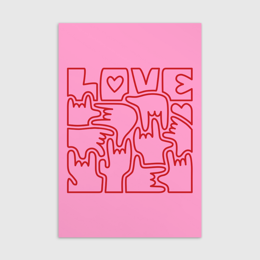 Carte postale standard - LOVE en Langue des Signes (rouge et rose)