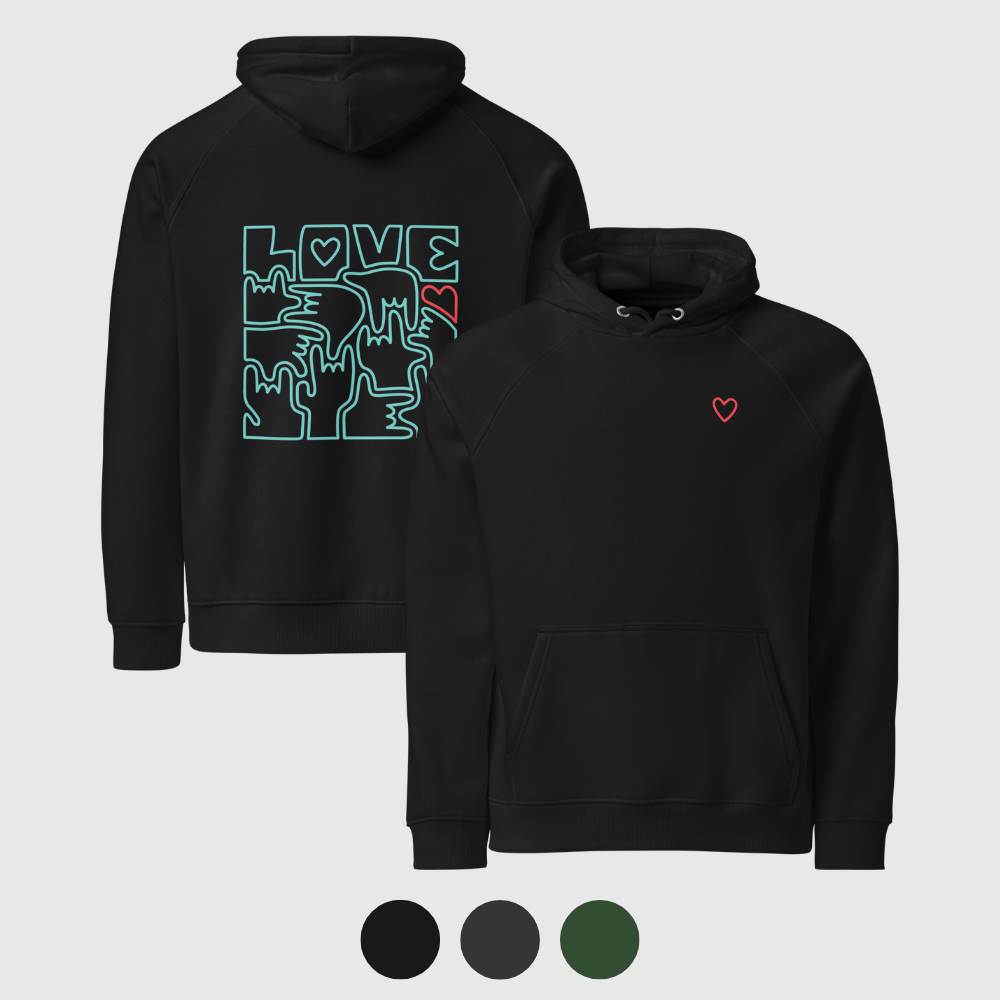 Sweat à capuche éco Raglan unisexe - Coeur et LOVE en Langue des Signes (turquoise et rouge)