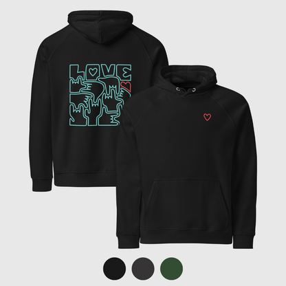 Sweat à capuche éco Raglan unisexe - Coeur et LOVE en Langue des Signes (turquoise et rouge)