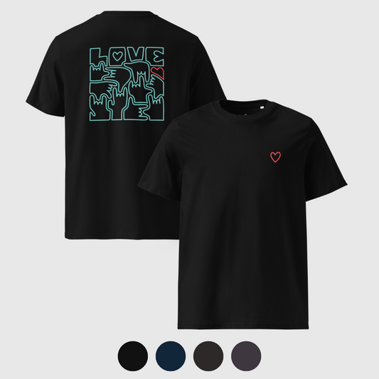 T-shirt unisexe en coton biologique - Coeur et LOVE en langue des signes (turquoise et rouge)