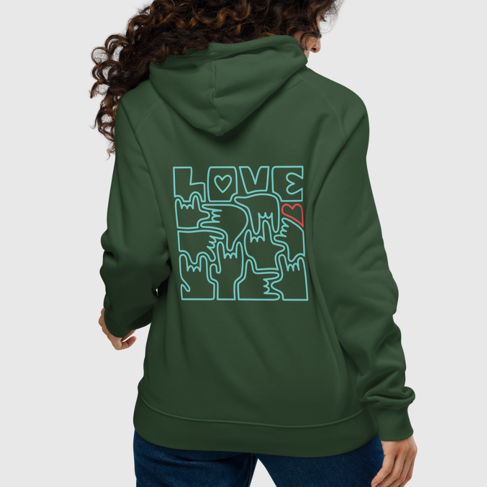 Sweat à capuche éco Raglan unisexe - Coeur et LOVE en Langue des Signes (turquoise et rouge)