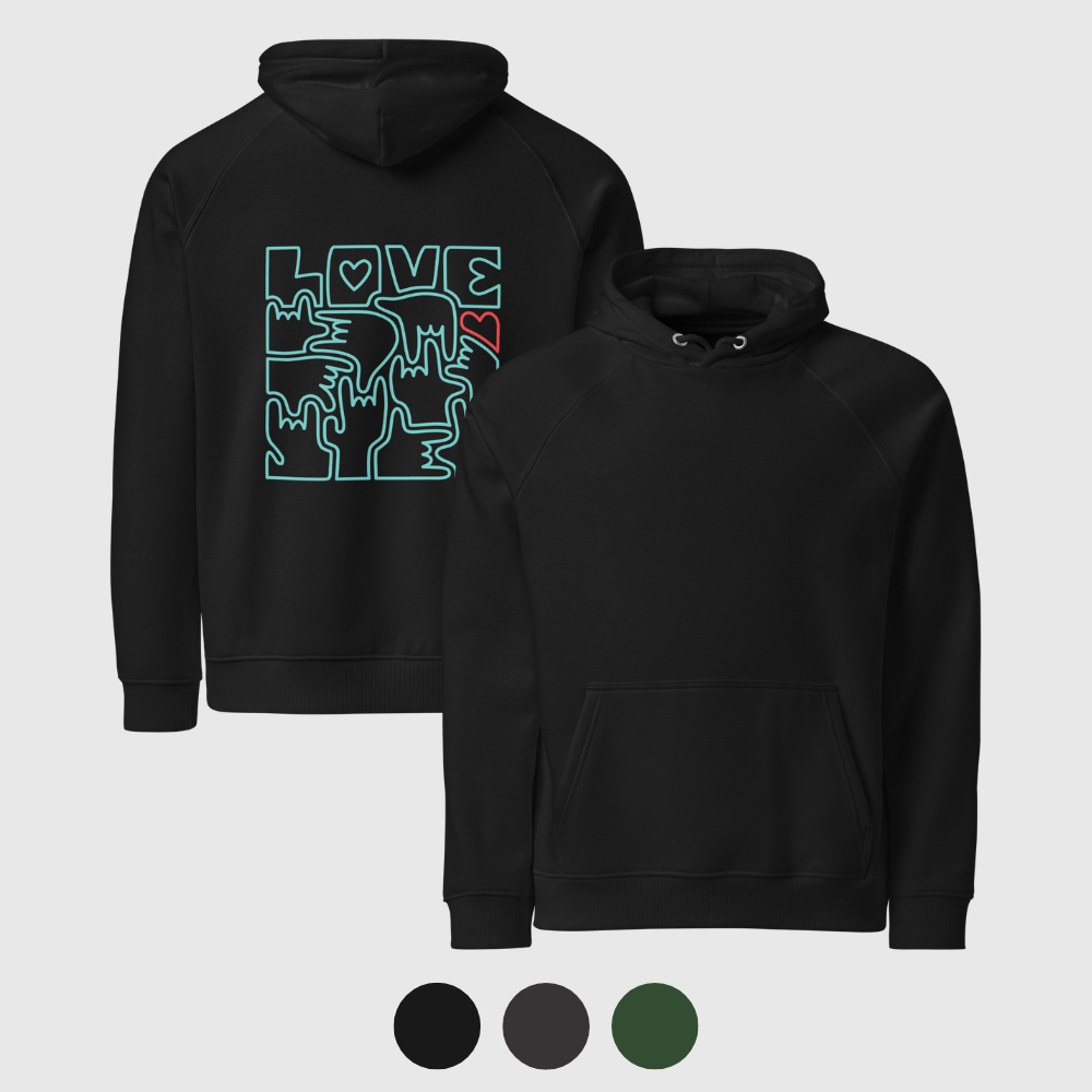 Sweat à capuche éco Raglan unisexe - LOVE en Langue des Signes (turquoise et rouge)