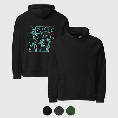 Sweat à capuche éco Raglan unisexe - LOVE en Langue des Signes (turquoise et rouge)