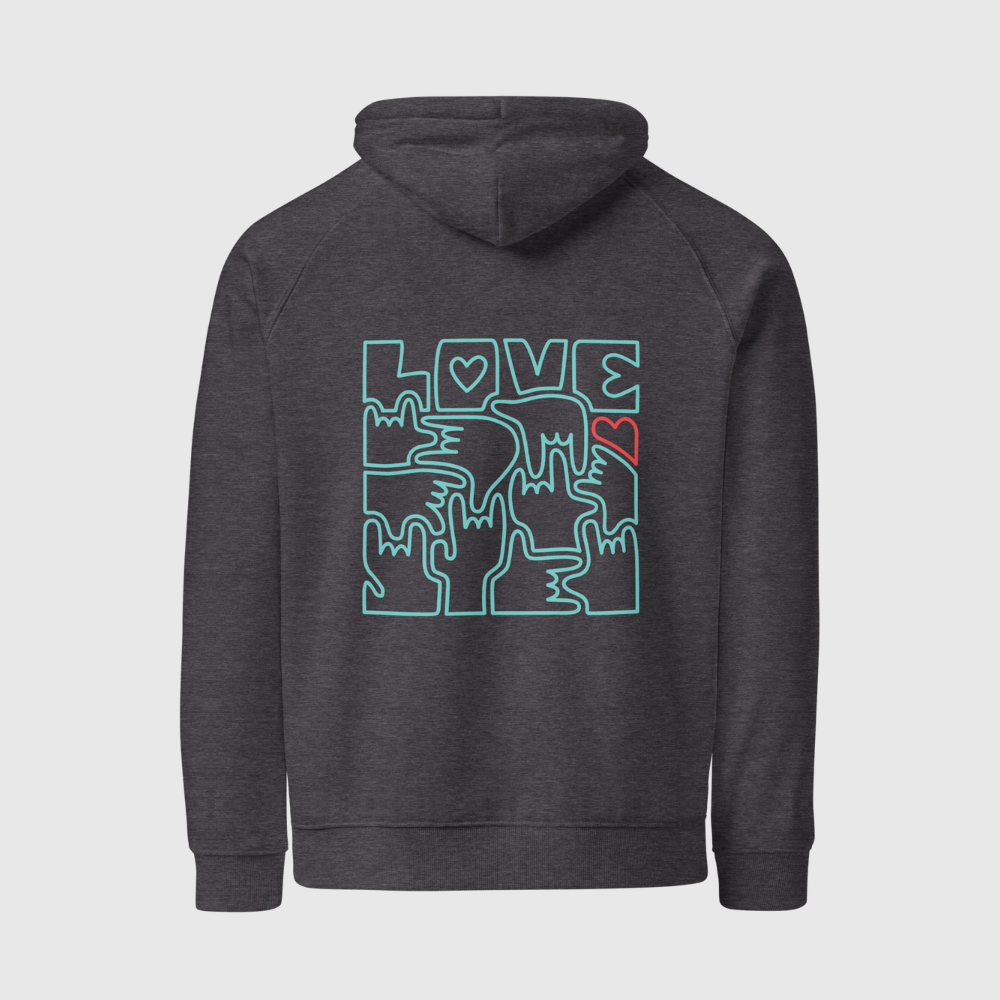Sweat à capuche éco Raglan unisexe - LOVE en Langue des Signes (turquoise et rouge)