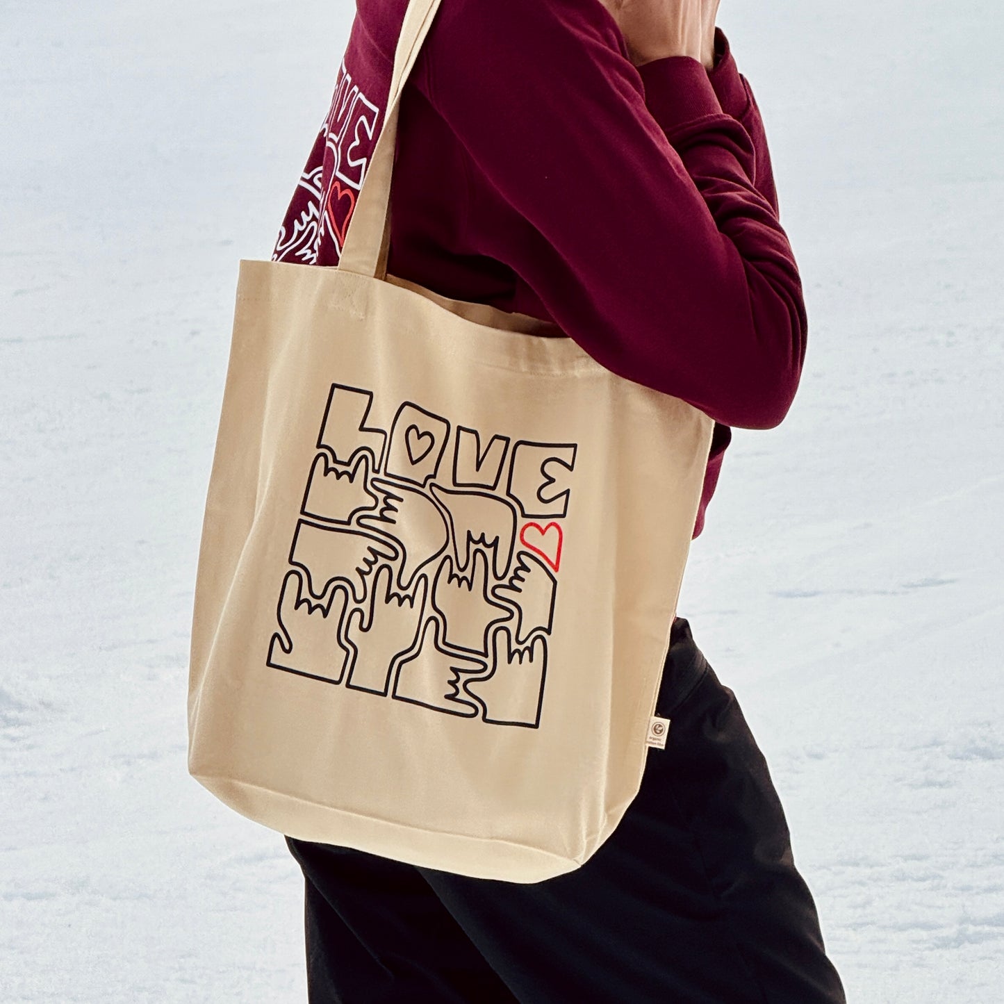 Tote Bag Bio - Coeur et LOVE en Langue des Signes (noir et rouge)