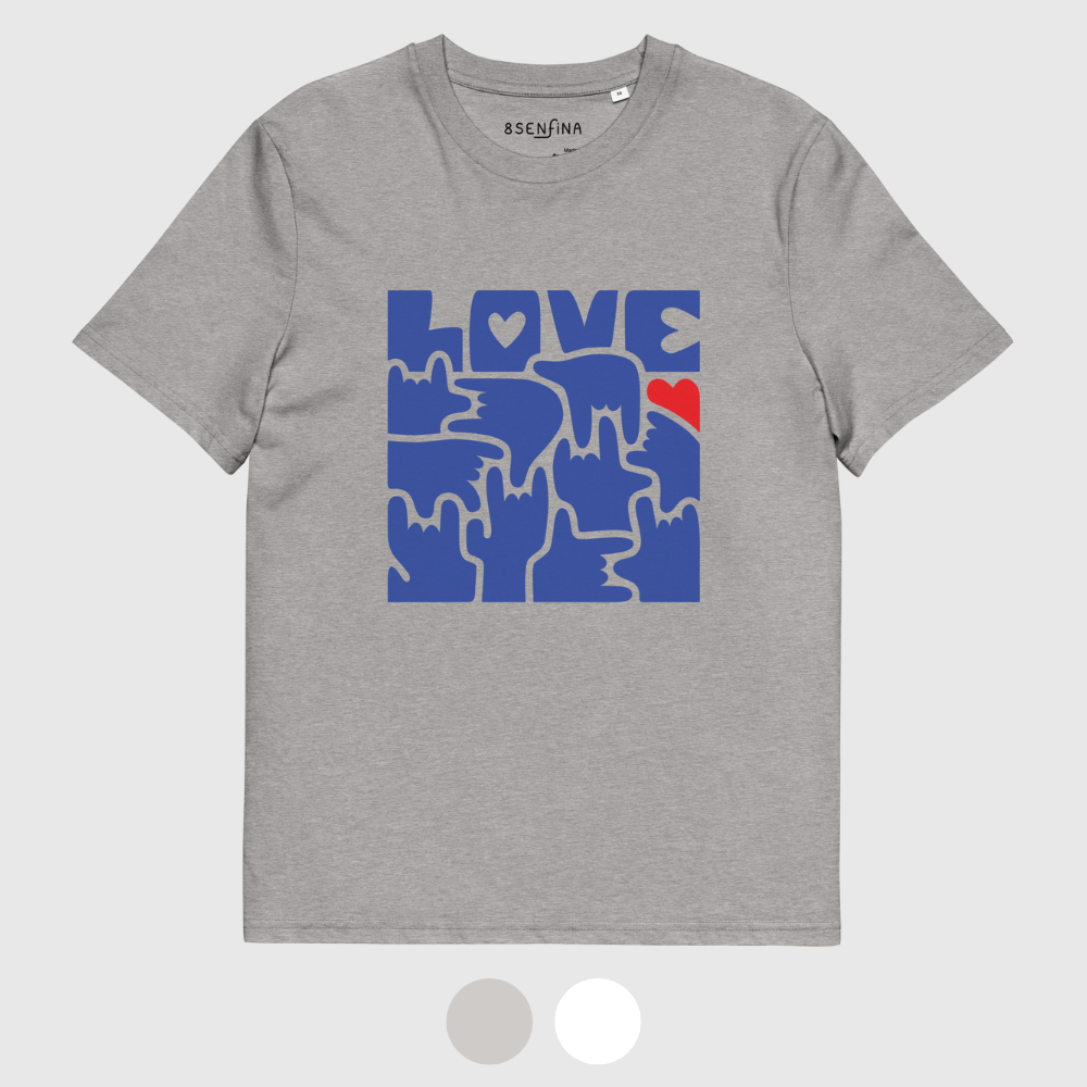 T-shirt unisexe en coton bio - LOVE en Langue des Signes (bleu et rouge)
