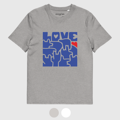 T-shirt unisexe en coton bio - LOVE en Langue des Signes (bleu et rouge)