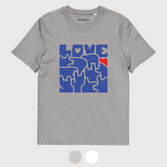 T-shirt unisexe en coton bio - LOVE en Langue des Signes (bleu et rouge)
